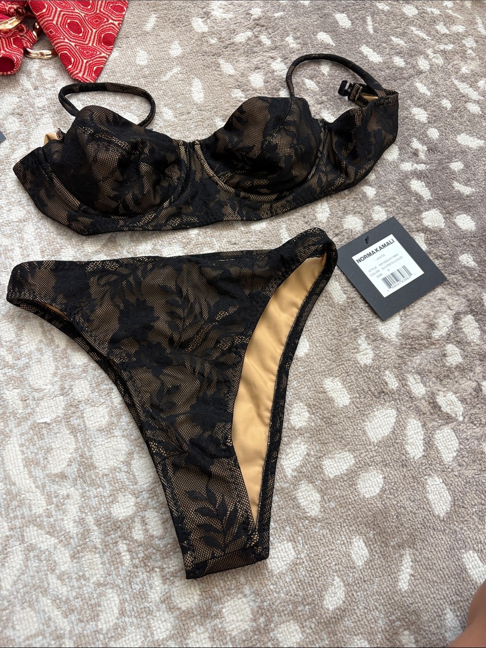 Norma Kamali Black Lace-Overlay Bikini with Gold Undersheen